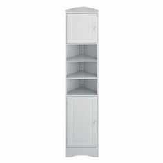 a tall white shelf with two doors and one door open on the bottom, in front of a white background