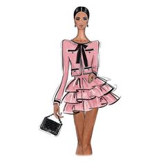 a drawing of a woman wearing a pink dress and holding a black handbag in her right hand