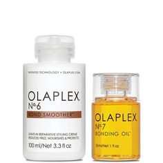 Add the finishing touches to your hairstyle with the Olaplex Bonding Duo. Featuring a smoothing styling cream and weightless hair oil, this set offers the final steps in your Olaplex haircare routine and promotes sleek, smooth and shiny results.  Set Contents:  No.6 Bond Smoother 100ml  The perfect post-styling product, this smoothing cream works to moisturise, strengthen and reduce frizz. The leave-in treatment promotes faster blow-dry times, while helping to tame frizz and flyaways. Suitable for all hair types, including chemically-treated and coloured hair.  No.7 Bonding Oil 30ml  A nourishing hair oil designed to be used during styling to help tame frizz and flyaways and add a glossy shine. It helps to replenish dry and damaged hair, while providing heat protection of up to 232°C to re Olaplex No 6, Olaplex Shampoo, Haircare Routine, Blowout Hair, Vegetable Protein, Styling Cream, Your Hairstyle, Treated Hair, Nourishing Hair