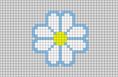 a blue and white cross stitch pattern with a yellow dot in the center on a gray background