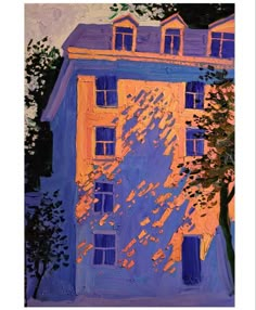 an oil painting of a blue and yellow building