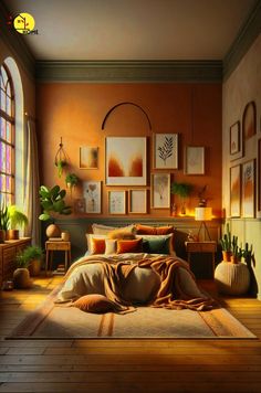 a bedroom with orange walls and pictures on the wall above the bed, as well as potted plants