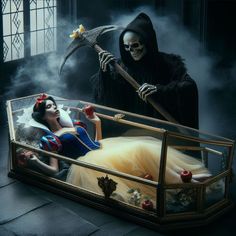 two people dressed as snow white and the evil queen in a bed with an apple on it