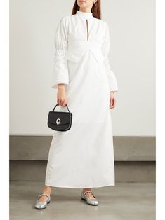 DESTREE Keith shirred cotton-poplin maxi dress | NET-A-PORTER White Maxi Dresses, Cotton Poplin, Women Collection, Luxury Design, Bodice, Color Design, High Neck, Branding Design, Dress Outfits