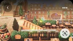 an animated image of a patio with tables and chairs