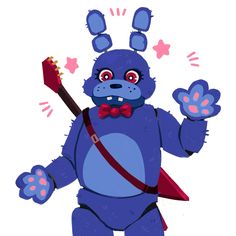 a cartoon character dressed as a blue monster with horns and tail holding a guitar in one hand