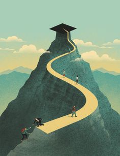 three people walking up a mountain with a graduation cap on their head and the road to nowhere