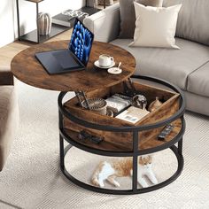 a cat laying on the floor next to a coffee table