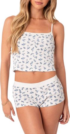 EDIKTED Pamper Floral Waffle Crop Camisole | Nordstrom Slippers Outfit, Camilla Mendes, Cute Pjs, Cute Pajama Sets, Knit Stitches, Cropped Camisole, Waffle Fabric, Cute Pajamas, Blue Tank Top