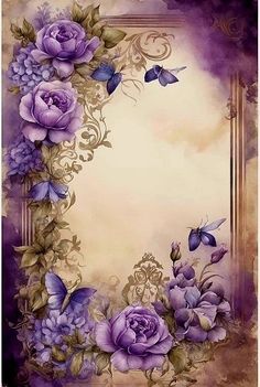 an artistic painting with purple flowers and butterflies