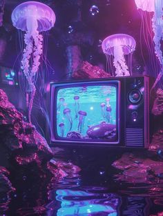 an old tv with jellyfish in the water on it's screen and some jelly fish floating around