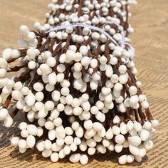 a bunch of small white balls sitting on top of a piece of cardboard with string