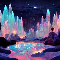 a person sitting on the rocks in front of a waterfall filled with colorful lights and water