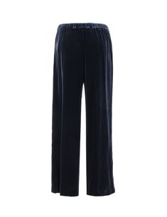 Trousers made of smooth viscose silk velvet giving the garment a fluid and modern look, elastic waistband, side slash pockets, straight and wide leg, regular fit. Composition: 82% VI, 18% SE Velvet Wide Leg Pants For Work, Wide Leg Trousers With Elastic Waistband For Evening, Evening Wide Leg Trousers With Elastic Waistband, Elegant Wide Leg Velvet Bottoms, Formal Velvet Wide Leg Bottoms, Formal Pants With Elastic Waistband And Straight Hem, Elegant Wide Leg Lounge Pants With Pull-on Style, Elegant Wide Leg Pants With Side Slits, Wide Leg Bottoms With Side Slits For Evening