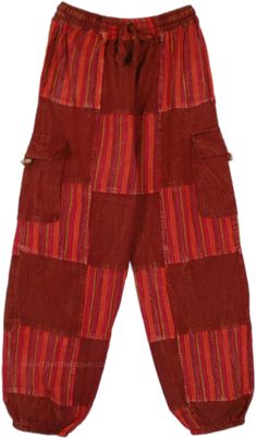 An all-red bohemian harem style patchwork trousers made of natural cotton. The unisex harem-style pants have an elastic drawstring waist having two deep pockets on either side for comfort, two box pockets, and a back pocket. #tlb #SplitSkirtsPants #Patchwork #Stonewash #Yoga #Striped #bohemianfashion #CottonHaremPants #YogaPants #StripedPants #PatchworkPants Baggy Cotton Cargo Pants With Patchwork, Baggy Red Harem Pants With Pockets, Red Baggy Harem Pants With Pockets, Red Harem Bottoms With Pockets, Red Baggy Harem Pants, Red Wide-leg Harem Pants With Pockets, Red Wide Leg Harem Pants With Pockets, Red Harem Pants For Festival, Bohemian Cotton Cargo Pants For Festivals