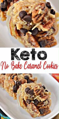 keto no bake caramel cookies on a white plate with chocolate chips and nuts