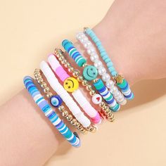 8pcs Girls' Colorful Smile Face Faux Pearl Bracelets | SHEIN USA Surf Bracelets, Faux Pearl Bracelet, Estilo Boho Chic, Elastic Bracelet, Layered Bracelets, Colorful Heart, Estilo Boho, Smile Face, Set Vintage