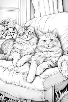 a black and white drawing of two cats sitting on a chair