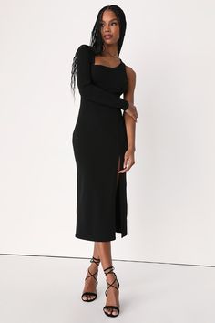 Stunning Drama Black Asymmetrical Long Sleeve Midi Dress Dress Asymmetrical, Black Midi, Sleeve Midi Dress, Long Sleeve Midi, Long Sleeve Midi Dress, Asymmetrical Dress