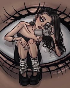 a drawing of a woman holding a camera