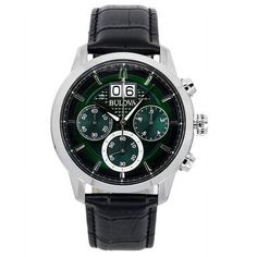 Bulova Sutton Classic Chronograph Leather Strap Green Dial Quartz 96B310 Men's Watch Size: one size.  Color: Metal Type.  Gender: male.  Age Group: adult. Crystal Green, Green Crystals, Minerals Crystals, Men's Watch, Watch Design, Quartz Movement, Stainless Steel Case, Chronograph, Types Of Metal