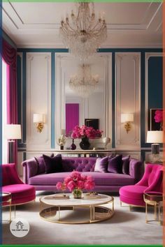 a living room with purple couches and chandelier in the centerpieces