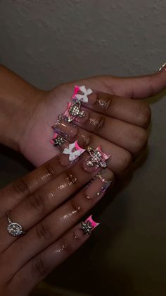 Pink Long Birthday Acrylic Nails, Pink Bday Nails Long, Pink Extra Birthday Nails, Pink Long Nails With Charms, Pink Libra Birthday Nails, Nails After Acrylics, Cute Pink Nails, Lilac Nails