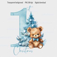 a watercolor drawing of a teddy bear next to a christmas tree with the number one on it