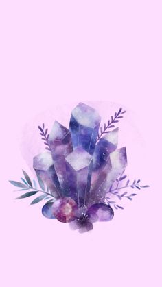 an illustration of crystals and plants on a pink background with watercolor paint effect in the middle