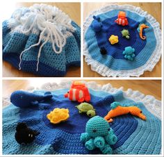 crocheted toys are placed on top of a knitted blanket, and in the bottom there is an ocean scene