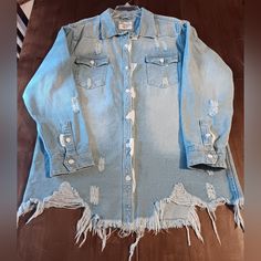 American Bazi Long Destructed Hem Denim Jacket For Women Light Blue Denim Size 2x New! Never Worn Or Washed. No Tags, But Buttons Still Have Protective Paper On Them. This Is A Heavy Denim. Ripped Medium Wash Button-up Outerwear, Ripped Light Wash Button-up Outerwear, Medium Wash Ripped Button-up Outerwear, Light Wash Ripped Button-up Denim Jacket, Ripped Light Wash Button-up Denim Jacket, Distressed Long Sleeve Denim Jacket In Relaxed Fit, Distressed Denim Jacket With Relaxed Fit And Long Sleeve, Distressed Denim Jacket With Relaxed Fit, Medium Wash Ripped Long Sleeve Outerwear