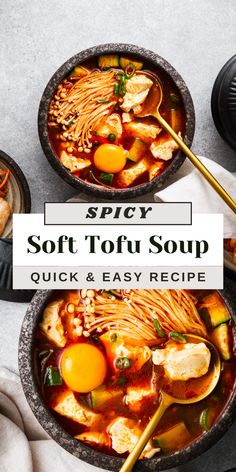 two bowls of soft tofu soup with chopsticks and an egg on top