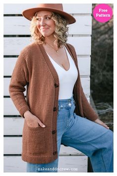 a woman wearing a brown cardigan and jeans