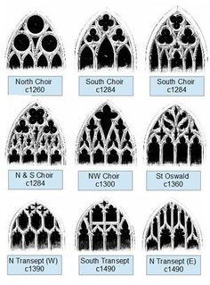 the different types of stained glass windows in various styles and sizes, with names on each window