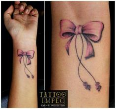 two tattoos with bows on their arms and one has a pink ribbon in the shape of a bow