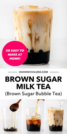 brown sugar milkshake in a glass with caramel syrup being poured into it