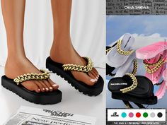 a woman's feet wearing sandals with chains on them and an advertisement for the shoe company