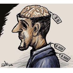 a drawing of a man with a brain on top of his head and tags around his ears