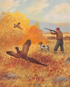 a painting of two men with shotguns and dogs in a field full of autumn leaves