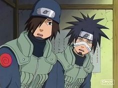 two anime characters are standing in front of a mirror with their faces covered by bandages