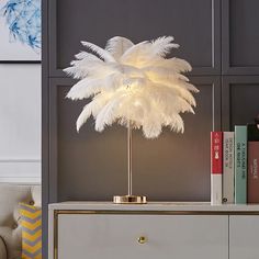 a lamp that is sitting on top of a table next to a bookshelf