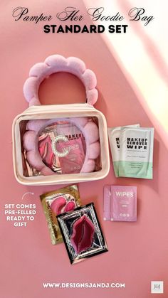 the contents of a pink purse for goodie bag laid out on a pink background