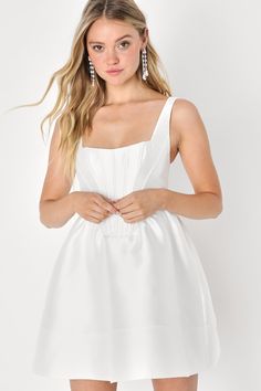 You'll always skip the line when you go out for the night in the Lulus Bubbly Love White Taffeta Corset Mini Dress! Structured taffeta, with a subtle sheen, provides perfectly flattering coverage as it shapes tank-style straps and a bustier-inspired bodice with supportive boning at the front. Skirt has a bubble-like, A-line silhouette and finishes at a flirty mini hem. Hidden zipper/clasp at back. Fit: This garment runs small - please size up. Length: Mid-thigh. Size medium measures 32.5" from s White Reception Dress, White Dresses Graduation, Dress With Corset, Wedding Reception Dress, White Corset, Corset Mini Dress, Bubble Dress, White Short Dress, White Dresses For Women