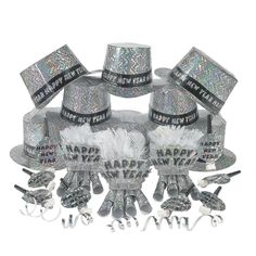 a group of silver hats and other items on a white background with the words happy new year written across them