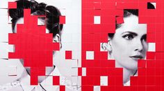 two women's faces are shown through red and white squares