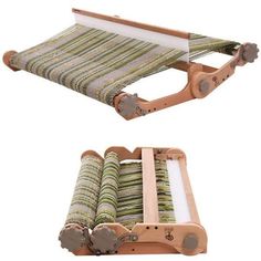 two different views of an old fashioned weaving machine with the top and bottom section open