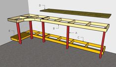 the plans for a diy workbench are shown in red and yellow wood