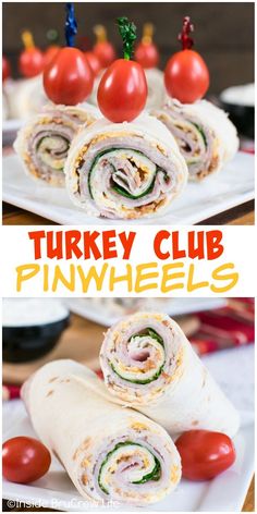 turkey club pinwheels with tomatoes and lettuce on top, sitting on a white plate