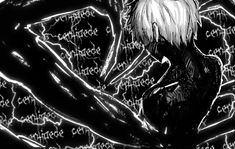 an anime character with white hair standing in front of lightning and black text on a dark background