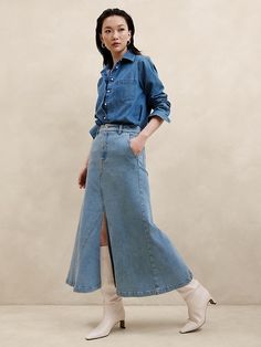 Center Split Classic Denim Maxi Skirt | Banana Republic Factory Denim Maxi, Shank Button, Denim Maxi Skirt, Banana Republic Factory, Women's Skirts, Fall Collection, Bohemian Clothes, Fall Collections, New Wardrobe